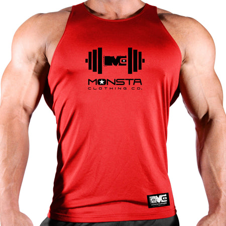 Red tank top with 'Monsta Clothing Co.' logo on a white background