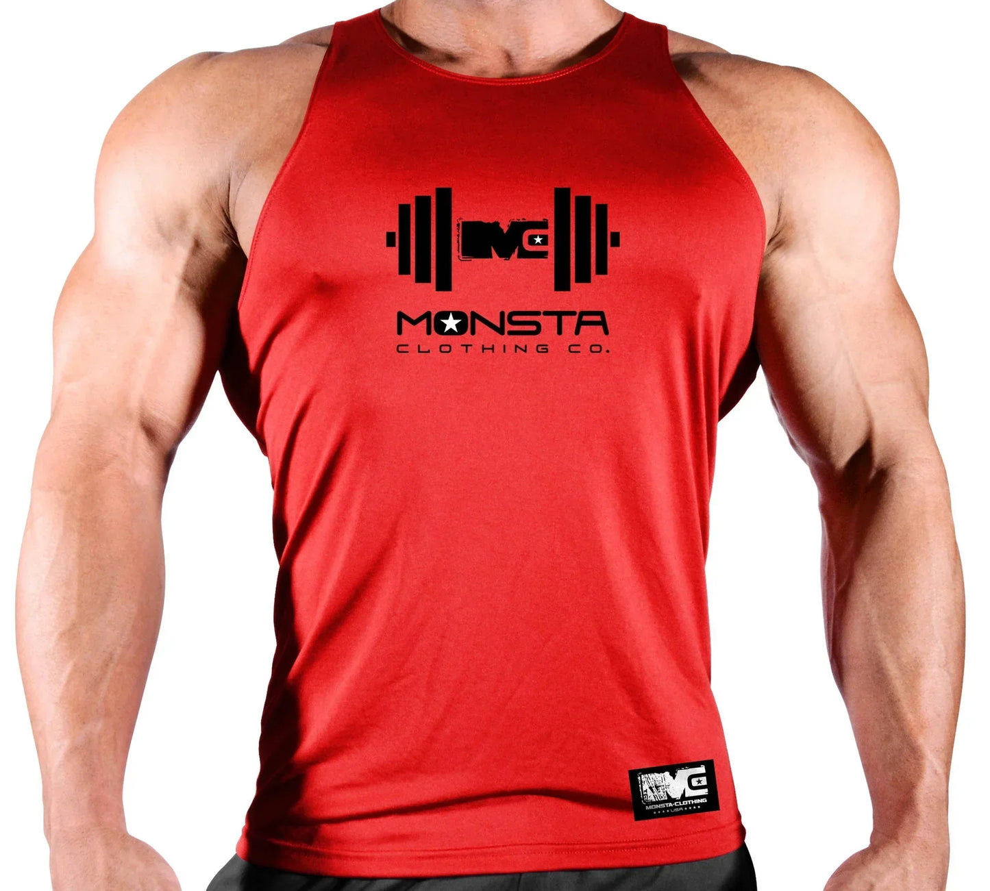 Red tank top with 'Monsta Clothing Co.' logo on a white background