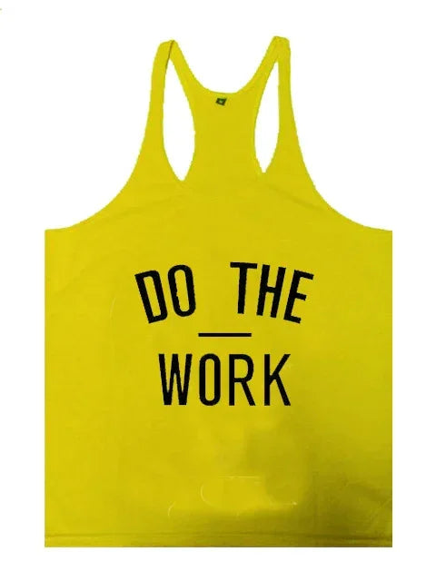 Yellow tank top with 'DO THE WORK' text on a white background