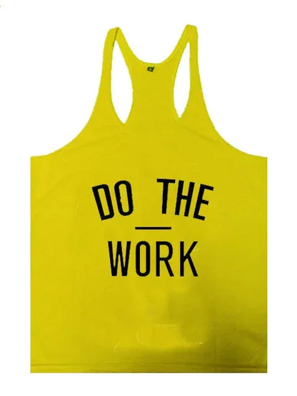 Yellow tank top with 'DO THE WORK' text on a white background