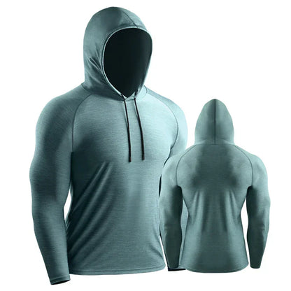 Light blue hooded long-sleeve shirt shown from front and back on a white background