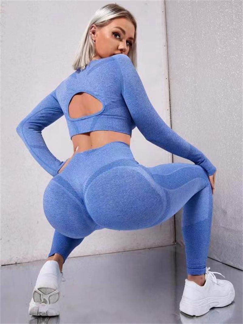 2pcs Sports Suits Long Sleeve Hollow Design Tops And Butt Lifting High Waist Seamless Fitness Leggings - Anam Online