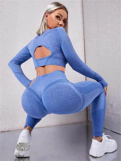 2pcs Sports Suits Long Sleeve Hollow Design Tops And Butt Lifting High Waist Seamless Fitness Leggings - Anam Online