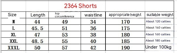 Table displaying size chart for '2364 Shorts' with measurements and weight ranges.