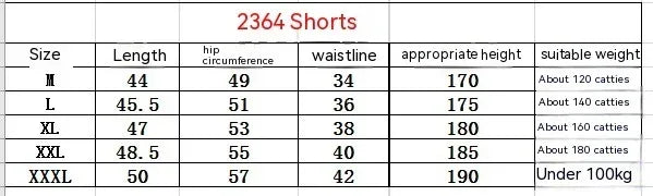 Table displaying size chart for '2364 Shorts' with measurements and weight ranges.