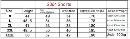 Table displaying size chart for '2364 Shorts' with measurements and weight ranges.
