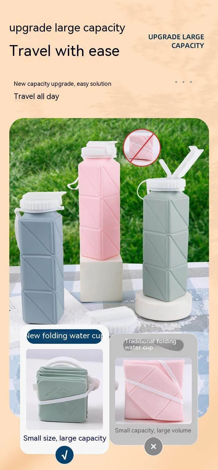 Foldable Water Bottle Sports Cup Portable Silicone Folding Cups Food Grade Cup Retractable Outdoor Travel Running Riding Camping - Anam Online