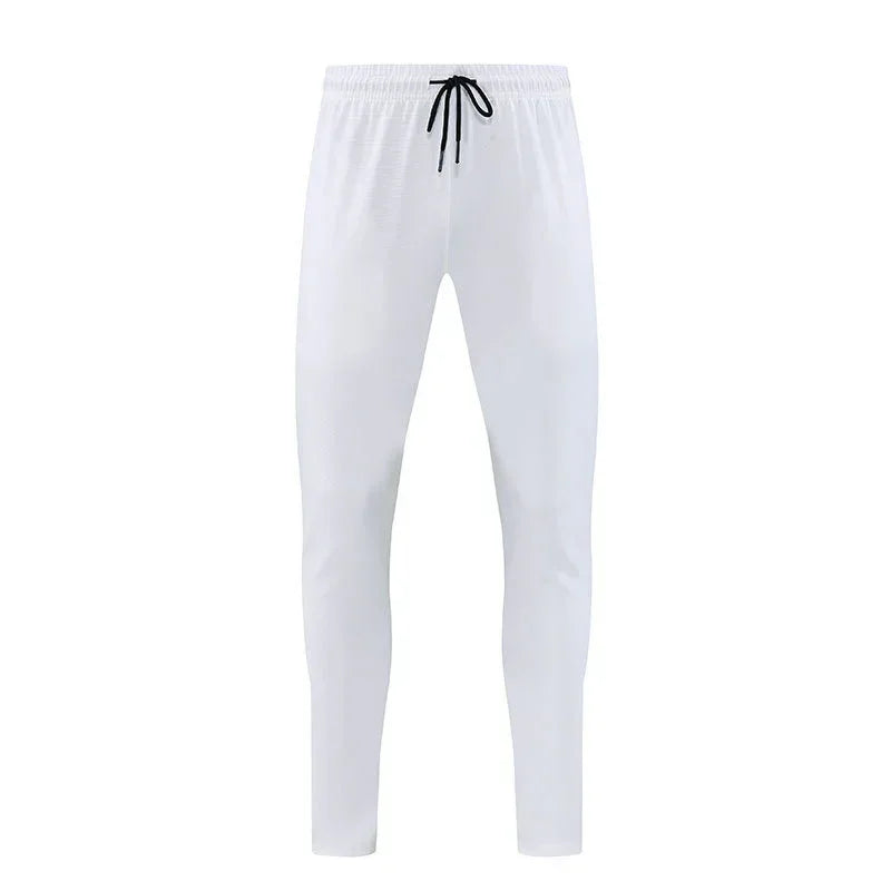 White pants with a black drawstring on a white background