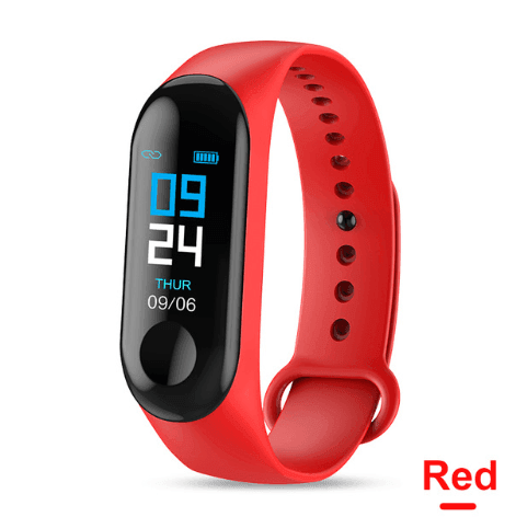 Red smartwatch with a digital display on a white background