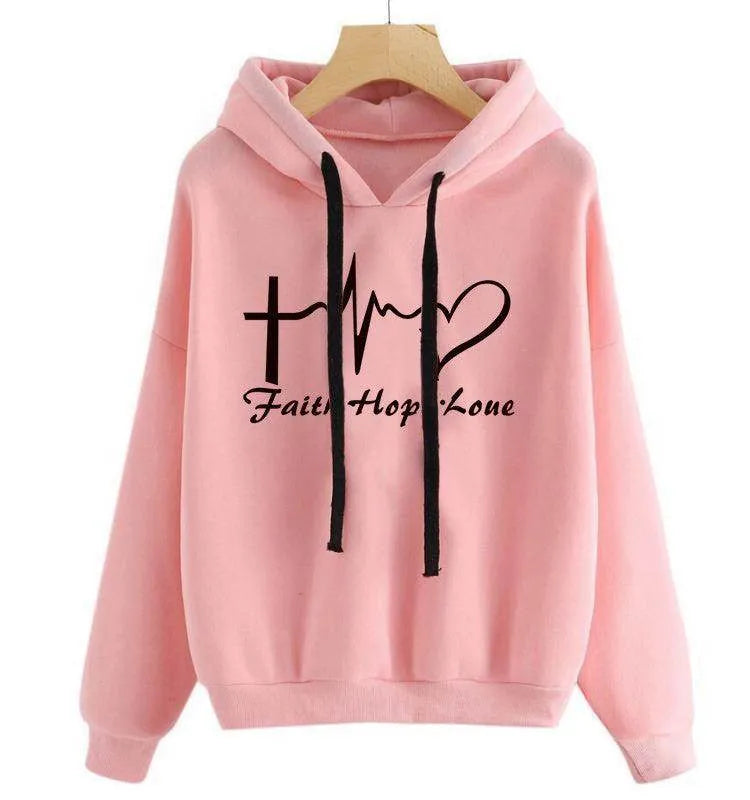 Pink hoodie with black text and graphics on a white background