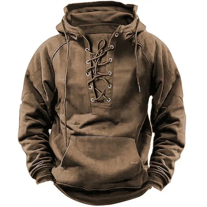 Brown hoodie with lace-up front on a white background
