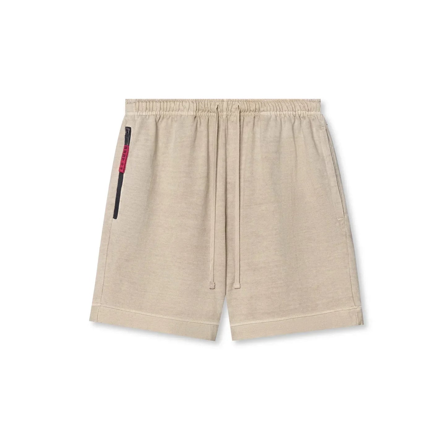 Beige shorts with a small black and red detail on a white background