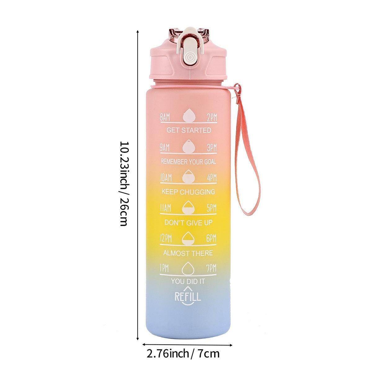Gradient pink to blue water bottle with motivational phrases and measurements on a white background