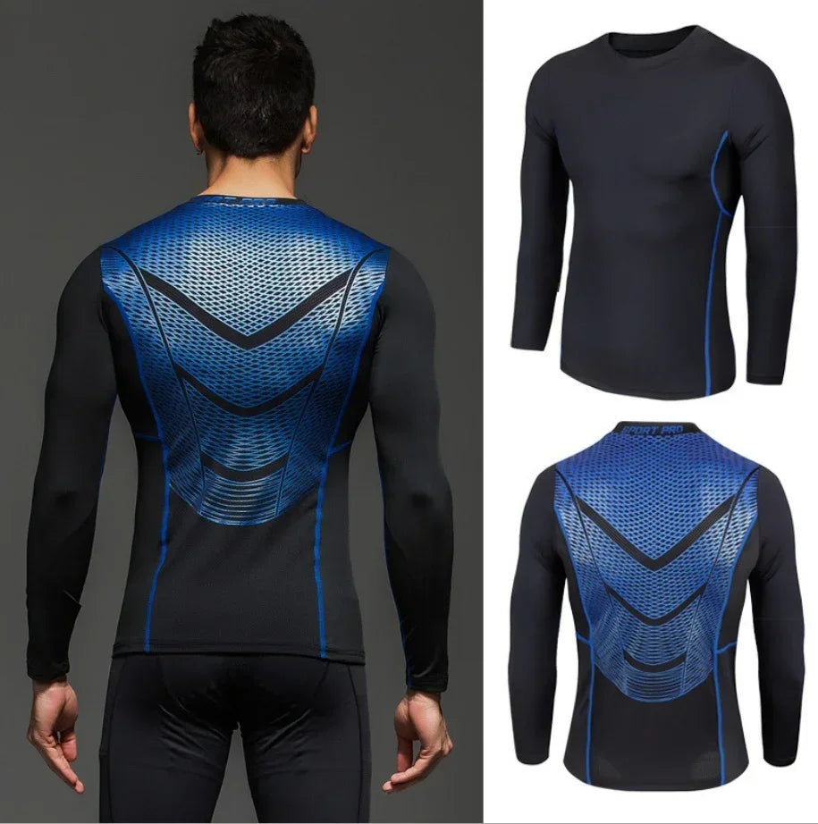 Black and blue long-sleeve athletic shirt with geometric pattern on gray background