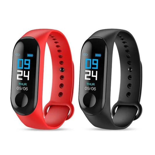 Two fitness trackers, one red and one black, on a white background