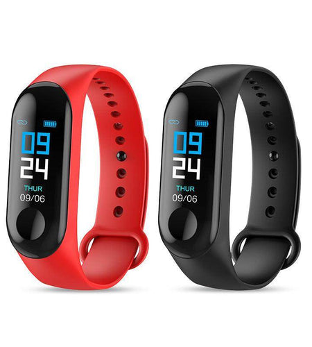 Two fitness trackers, one red and one black, on a white background