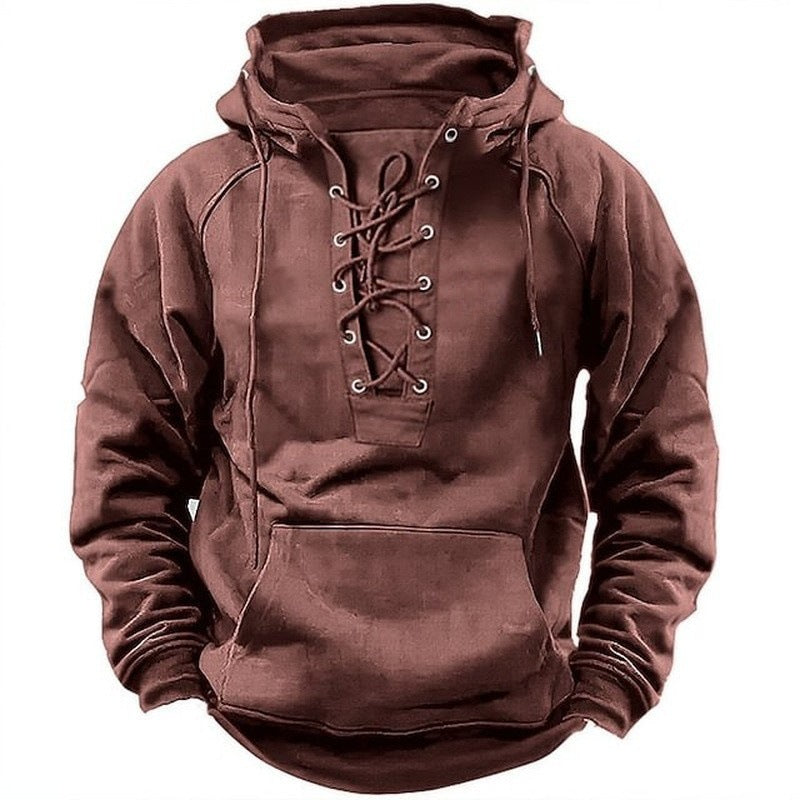 Brown hoodie with lace-up front on a white background