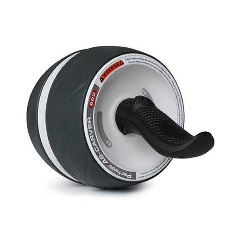 Black and white ab roller with brand name on a white background