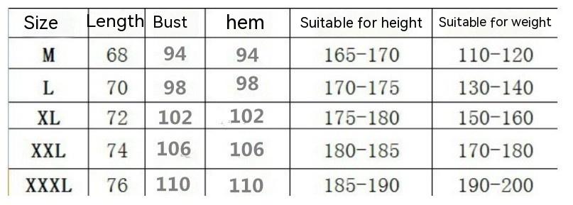 Table displaying clothing measurements and suitability for height and weight across different sizes.