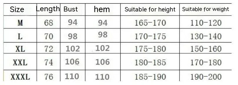 Table displaying clothing measurements and suitability for height and weight across different sizes.
