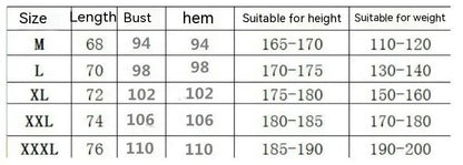 Table displaying clothing measurements and suitability for height and weight across different sizes.