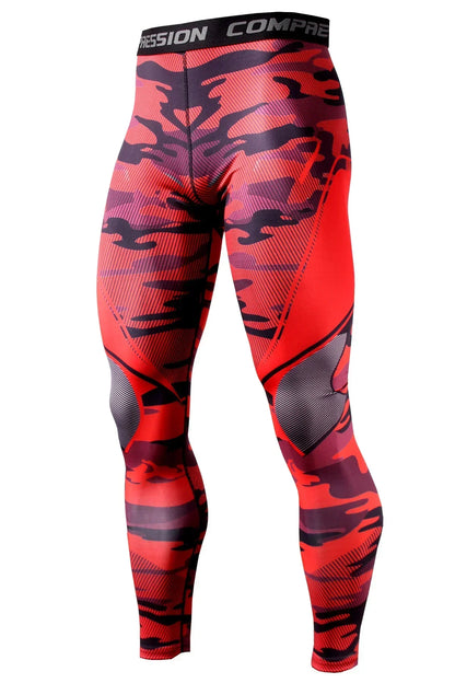 Red and black camouflage leggings with 'Design Compressport' branding on a white background