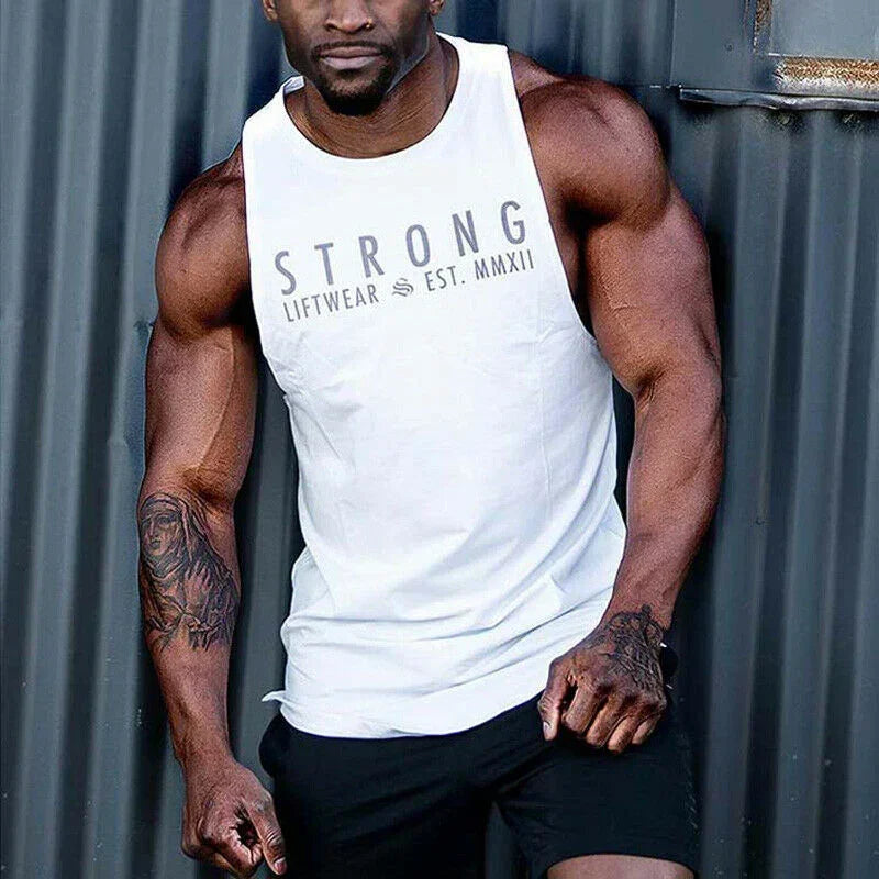 Man wearing a white tank top with 'STRONG Liftwear' text against a metallic background