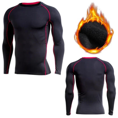 Black long-sleeve athletic shirt with red accents, shown from front, back, and close-up of fabric texture.