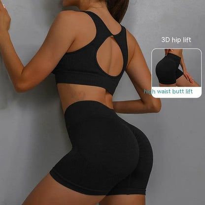 2pcs Sports Fitness Yoga Suit Breathable Hip-lifting Shorts And Hollow Out Back Bra Women Clothing - Anam Online