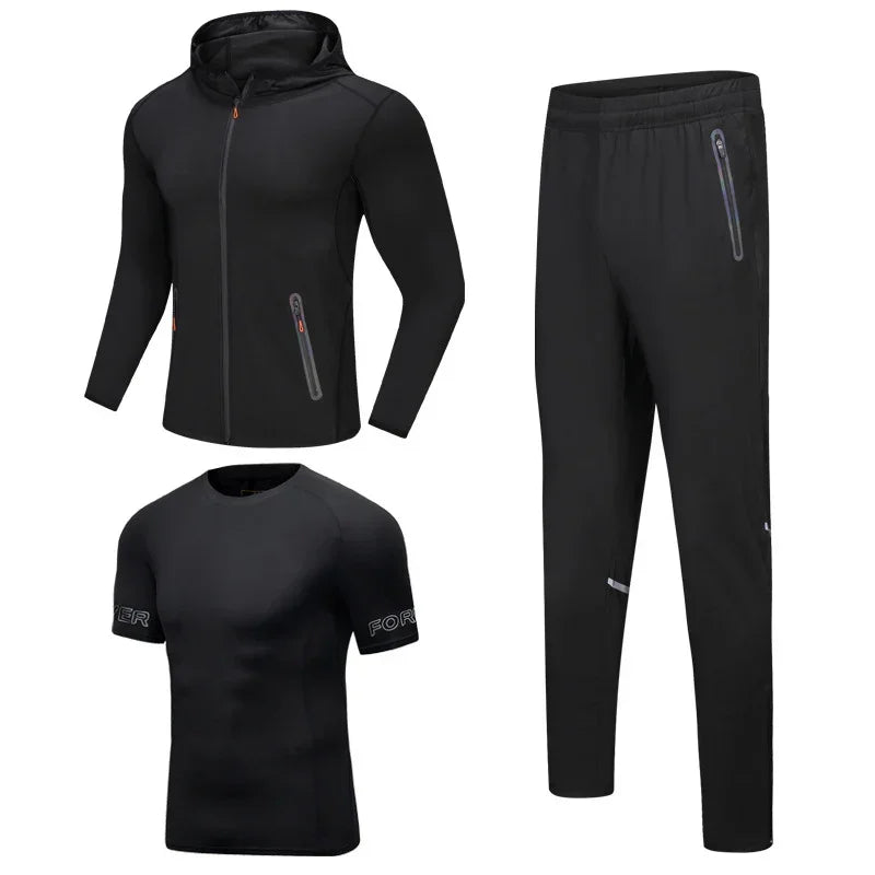 Black athletic outfit with jacket, pants, and t-shirt on a white background