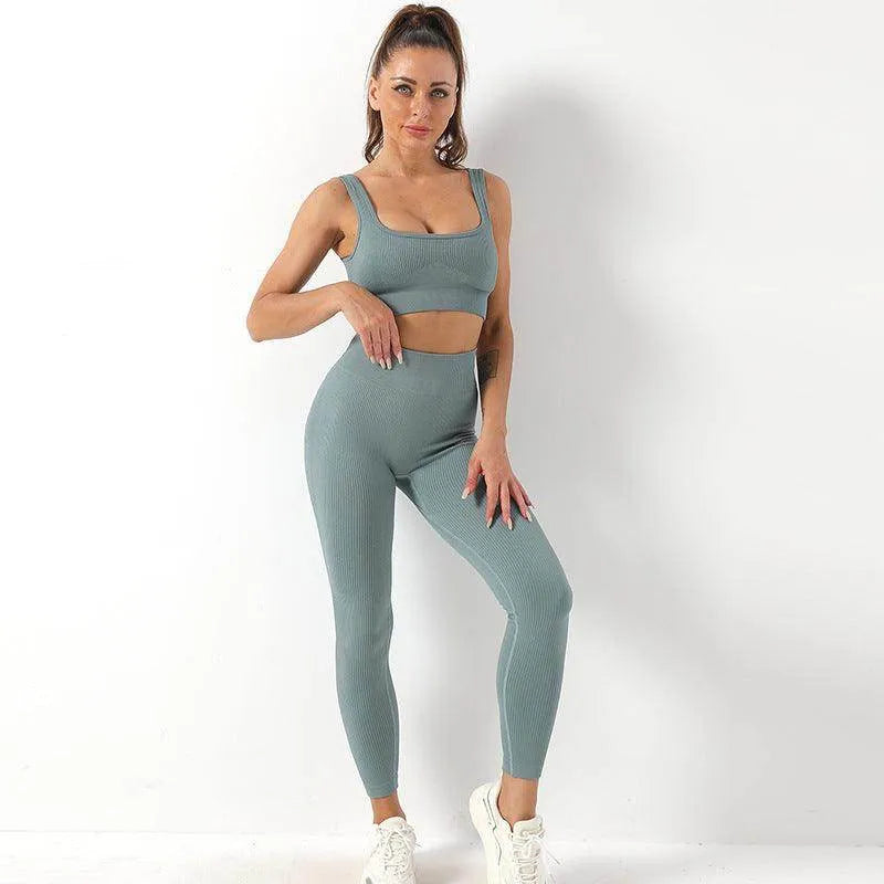 2pcs Thread Yoga Suit Seamless Bra And Butt Lifting High Waist Leggings Set For Women Sports Fitness Yoga Pants Sportswear Outfits Clothing - Anam Online