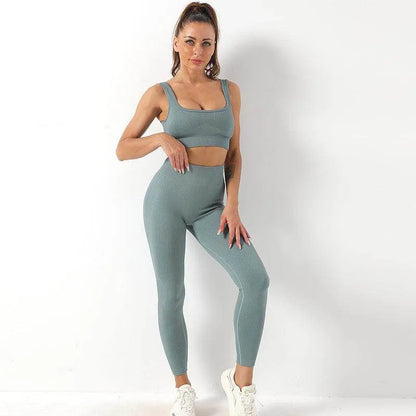2pcs Thread Yoga Suit Seamless Bra And Butt Lifting High Waist Leggings Set For Women Sports Fitness Yoga Pants Sportswear Outfits Clothing - Anam Online