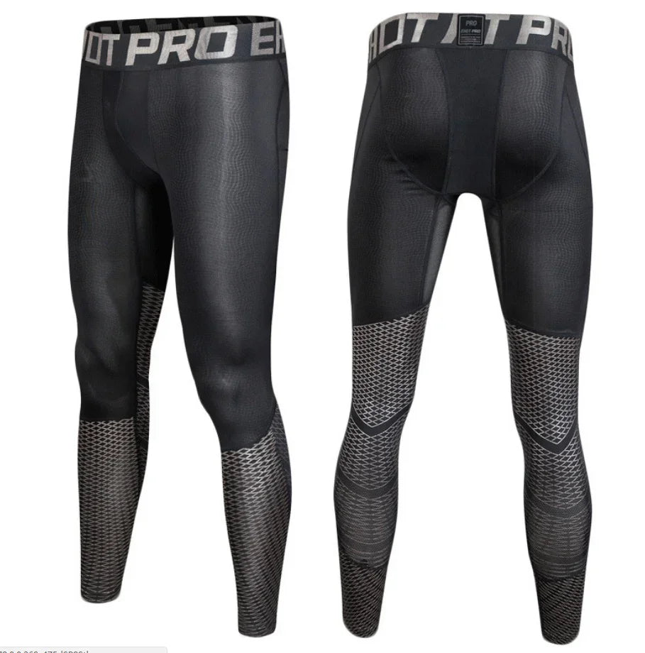 Black compression leggings with patterned design on a white background