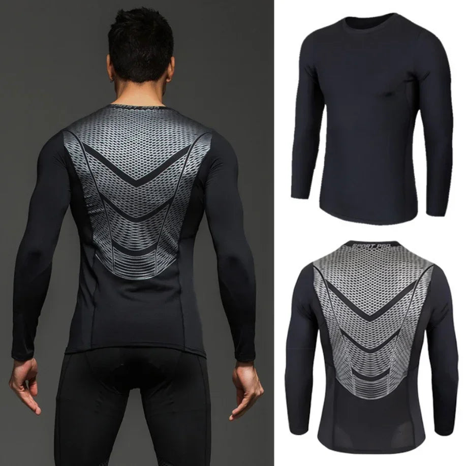 Black long-sleeve athletic shirt with geometric back design worn by a person, shown from front and back.
