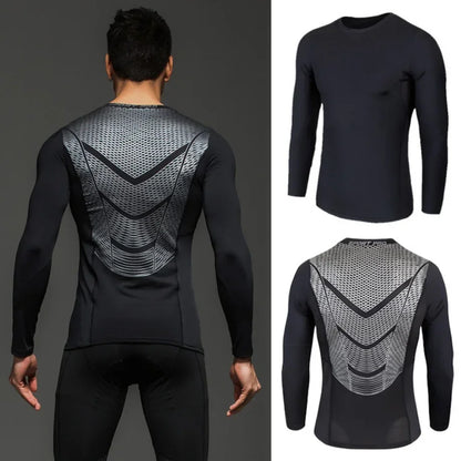 Black long-sleeve athletic shirt with geometric back design worn by a person, shown from front and back.