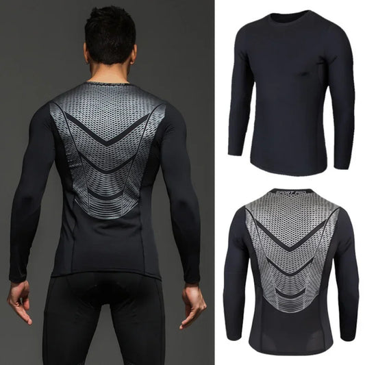 Black long-sleeve athletic shirt with geometric back design worn by a person, shown from front and back.