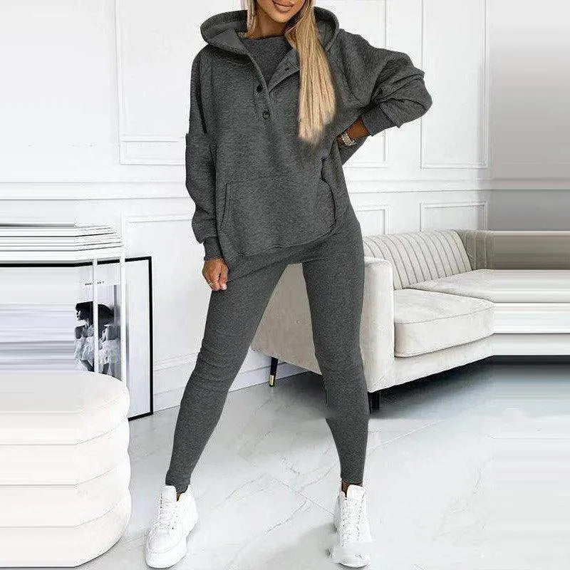 3pcs Women's Sports Suit Loose Hooded Pockets Sweatshirt And Vest And Slim Trousers - Anam Online