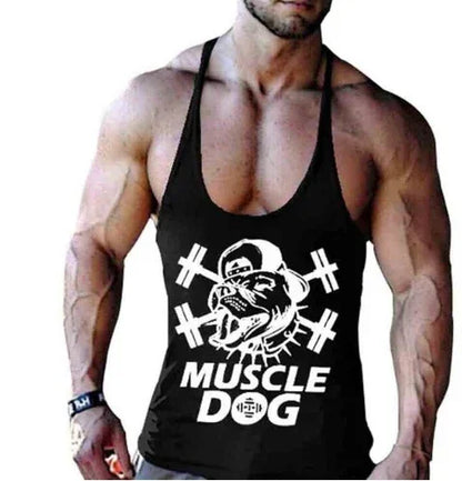 Black tank top with 'Muscle Dog' graphic design on a white background