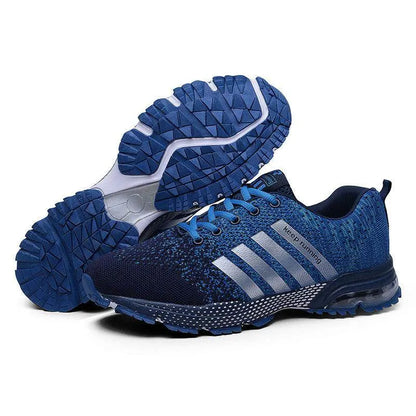 Blue running shoes with white sole on a white background