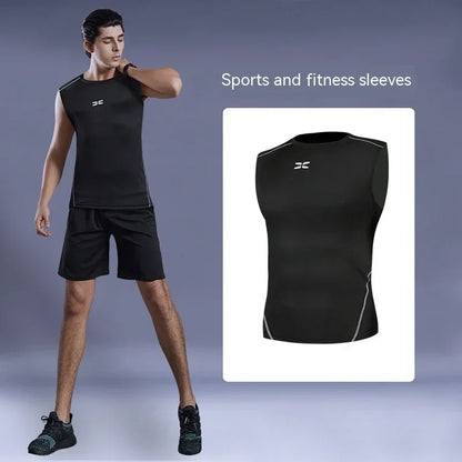 Man wearing a black sleeveless athletic outfit with a close-up inset on a gray background
