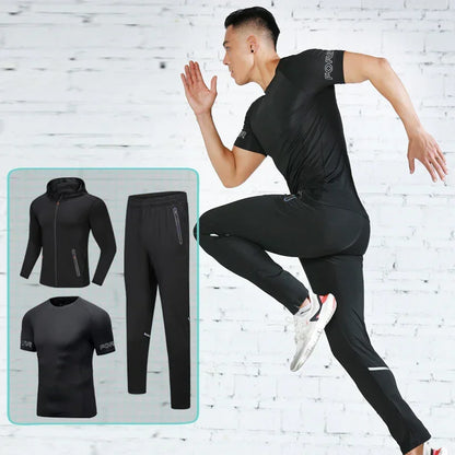 Man in black athletic wear running on a white brick wall background with inset showing outfit details.