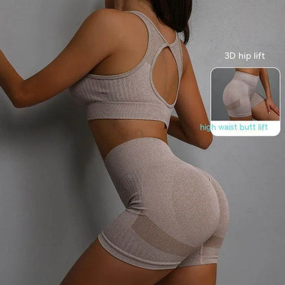 2pcs Sports Fitness Yoga Suit Breathable Hip-lifting Shorts And Hollow Out Back Bra Women Clothing - Anam Online