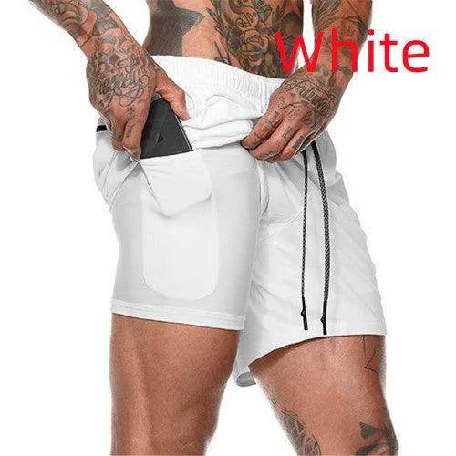 White shorts with black stripes worn by a person with tattoos on a white background