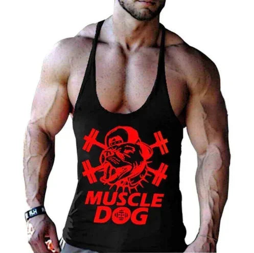 Man wearing a black tank top with 'Muscle Dog' graphic design on a white background