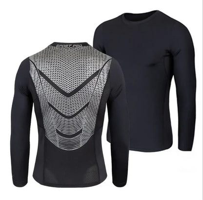 Black long-sleeve athletic shirt shown from front and back on a white background