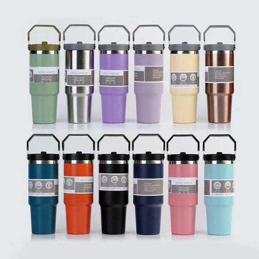 Portable Car Cup Stainless Steel Cup Travel Sports Water Bottle With Handle Cover Coffee Tumbler Cup - Anam Online