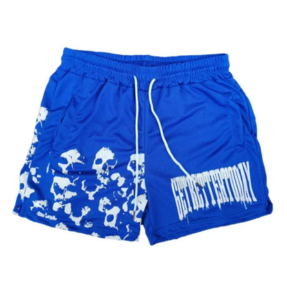 Blue shorts with white skull patterns and text on a white background
