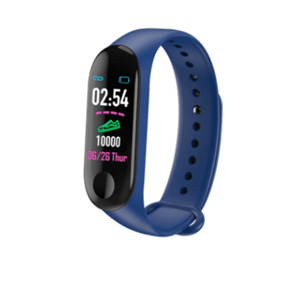 Blue fitness tracker with digital display on a white background