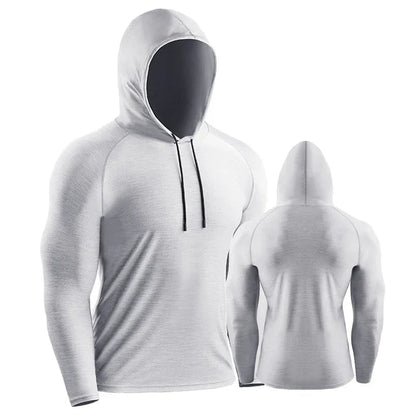 White hooded long-sleeve shirt shown from front and back on a white background