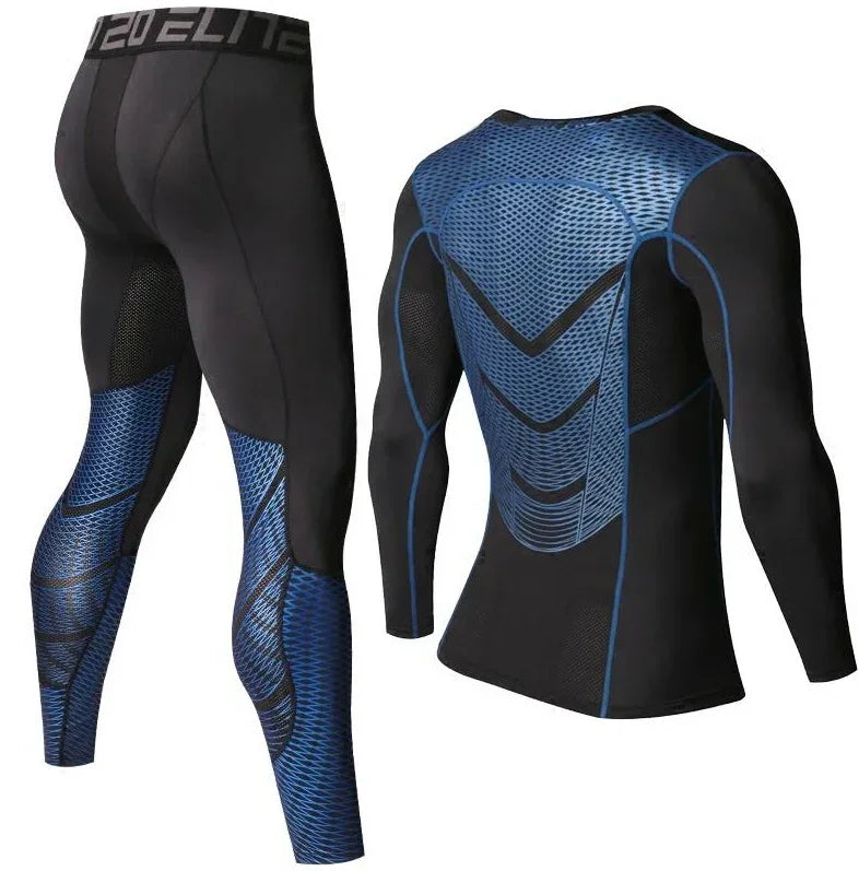 Black and blue athletic compression suit on a white background